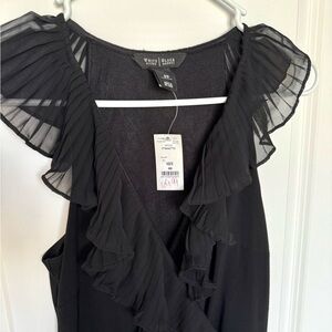 White House Black Market - Black Ruffle Sleeves Midi Dress Faux Wrap